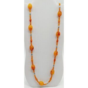 Orange Beaded Necklace Acrylic Silver Tone Bead 18"